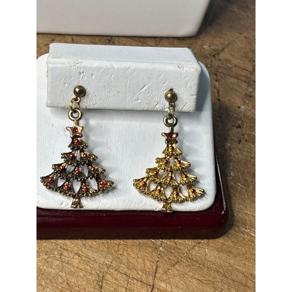 Vintage Gold & Silver Christmas Tree Drop Earrings With Red Rhinestones Festive - Picture 5 of 5
